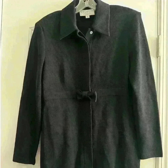 VTG 80sSt John Evening Marie Gray Cardigan Long Jacket Black Shoulder Pad Size 8 - Picture 1 of 4